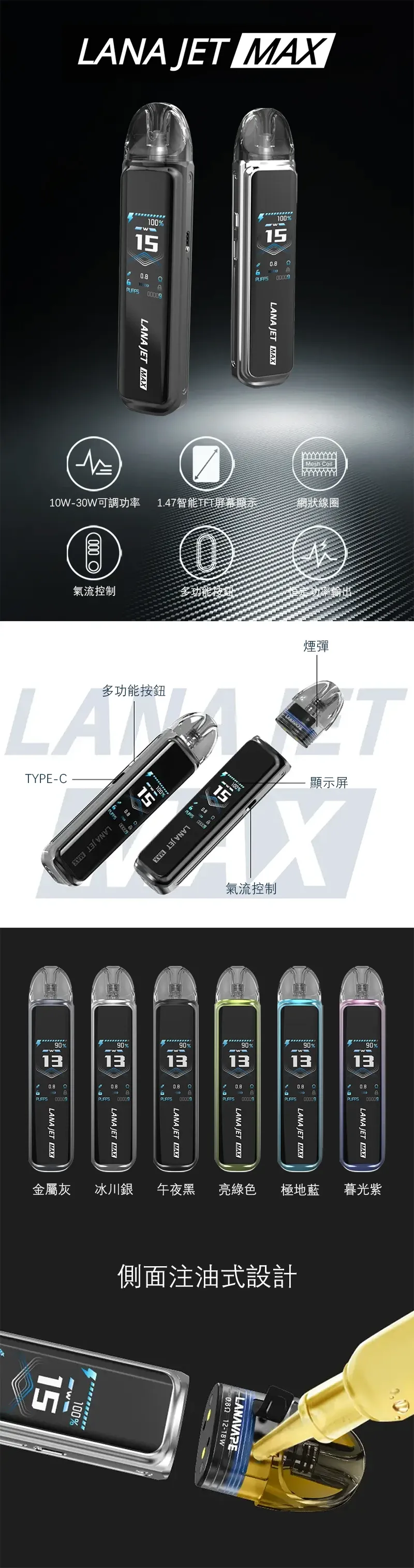 LANA JET MAX 30W開放式可重複注油電子煙主機外觀設計與智慧全彩螢幕